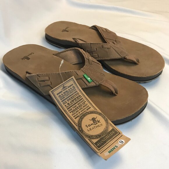 Sanuk Men's Brown Leather Flip Flops Size 9 GHL 1112 Sandals Slip On🆕 - Picture 1 of 7